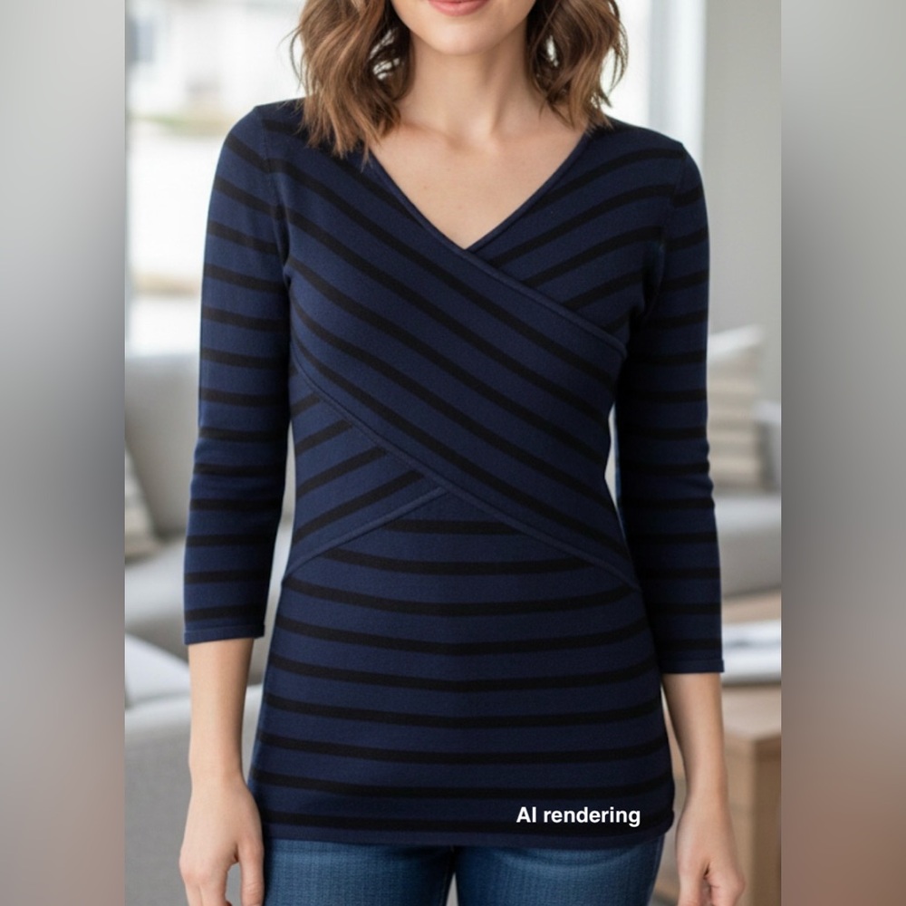 WHITE HOUSE BLACK MARKET Navy Blue & Black Stripe Knit Stretch Top | XS